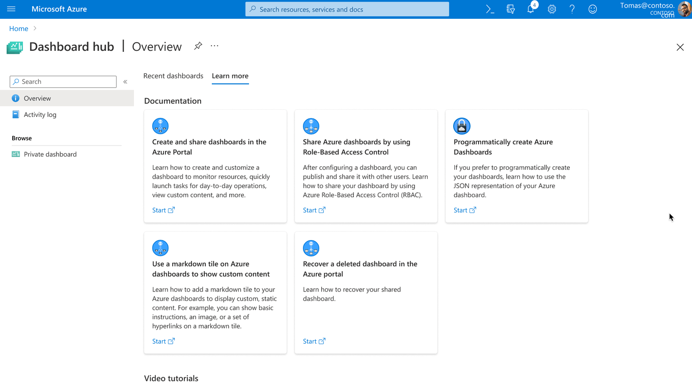 Learning resources in dashboard hub