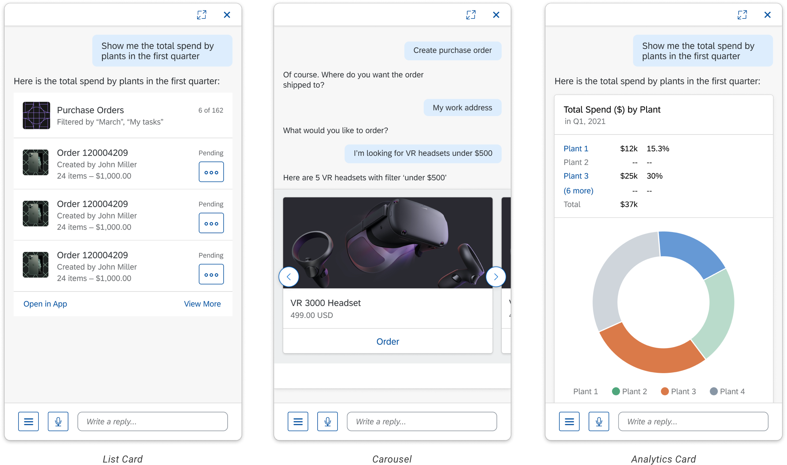 CUX conversational components in context — List Card, Carousel, and Analytics Card