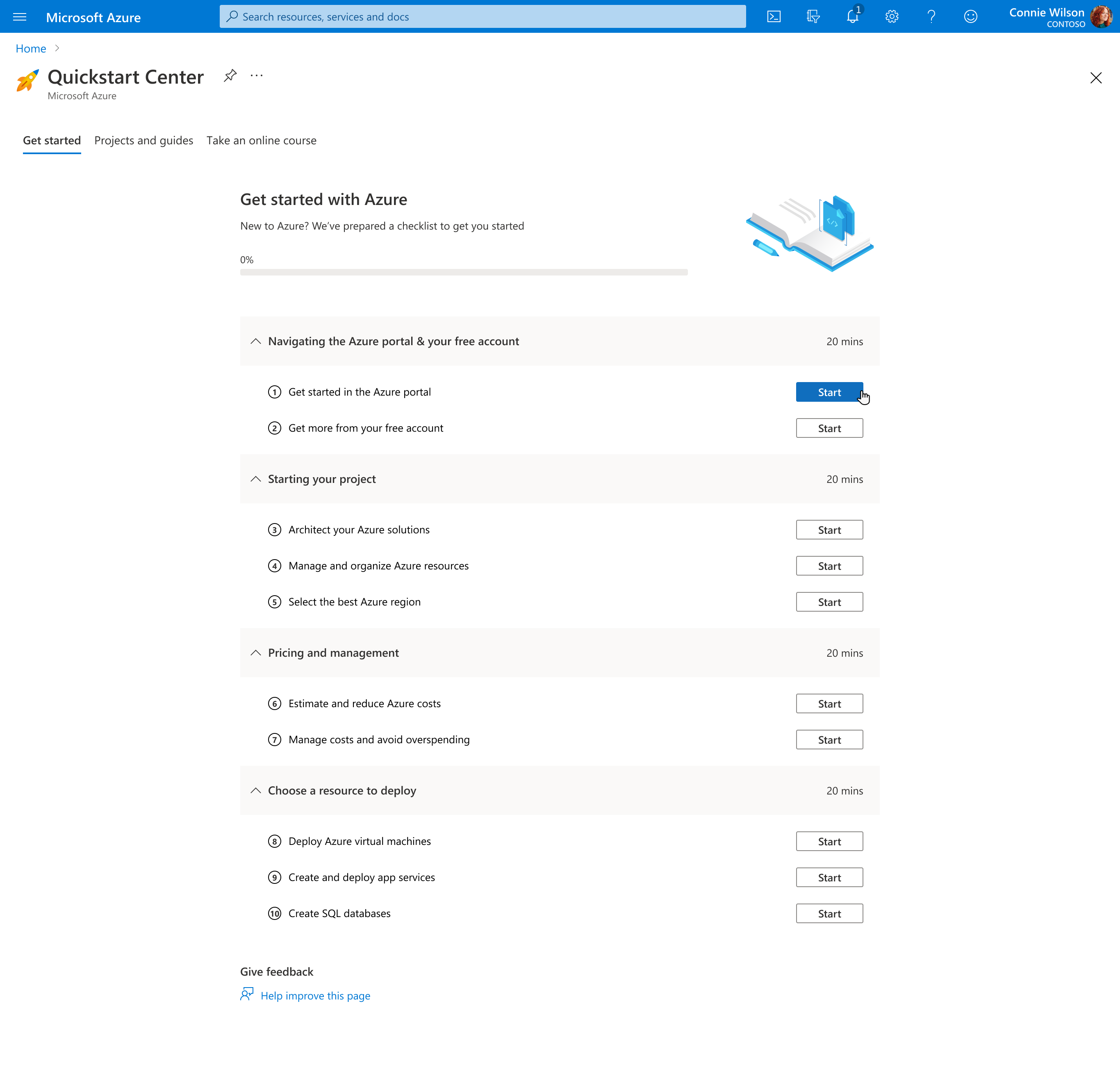 Step-by-step checklist interface in Quickstart Center
