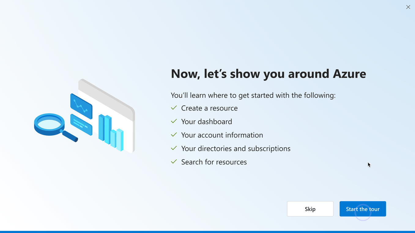 Onboarding tour showing Azure portal features