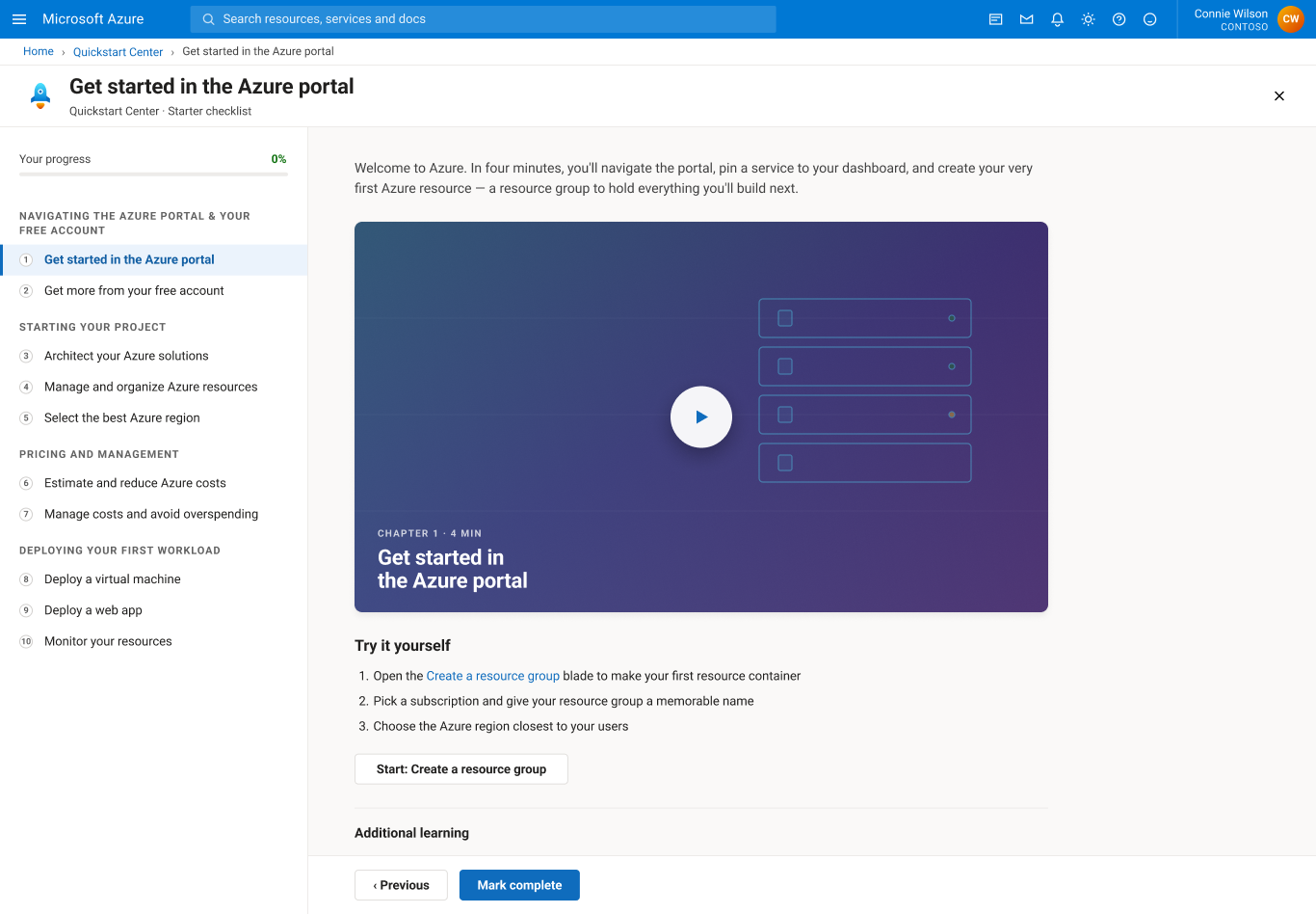 Video tutorial in a focused page within Quickstart Center